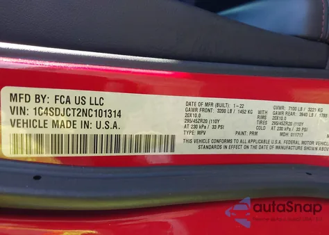 2022 Dodge Durango R/T Plus Awd из США, поврежденный, VIN 1C4SDJCT2NC101314